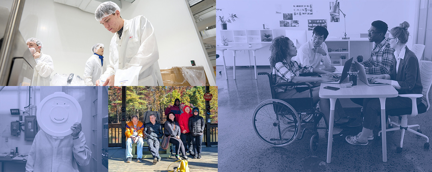 A composite image showing a diverse group of people in various professional and manufacturing settings, including factory machinery, office workers, and an individual working with industrial materials.